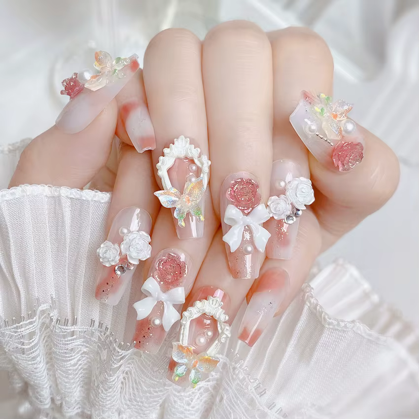 Blush rose faux ongles nœud papillon diamant perle conception 3D presse sur les pointes d'ongles ave
