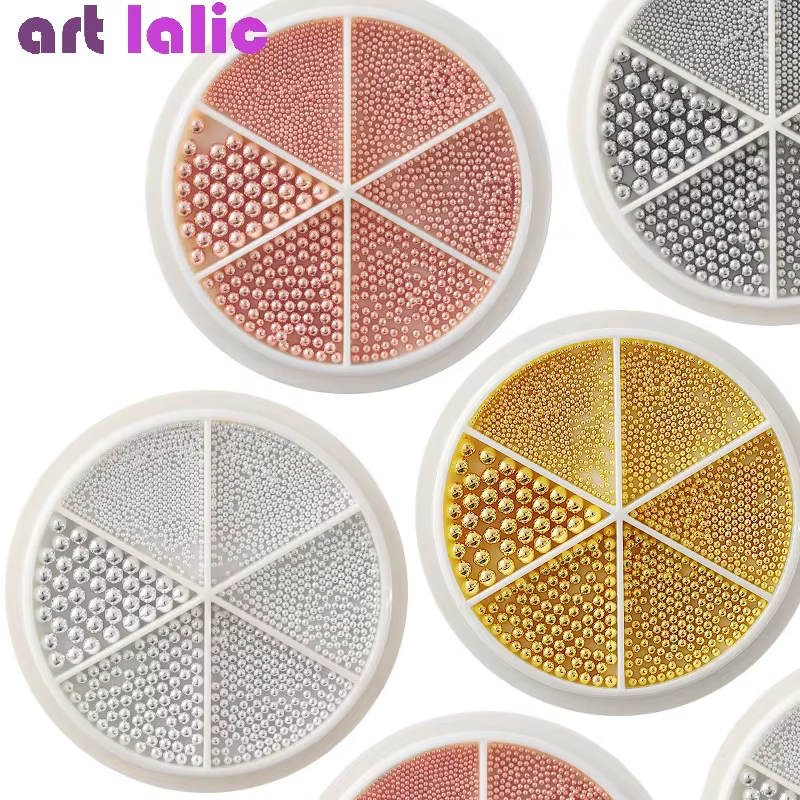 Petites perles de Caviar en acier pour Nail Art, 6 grilles, 0.8 à 1.5mm, taille mixte, Design 3D, or