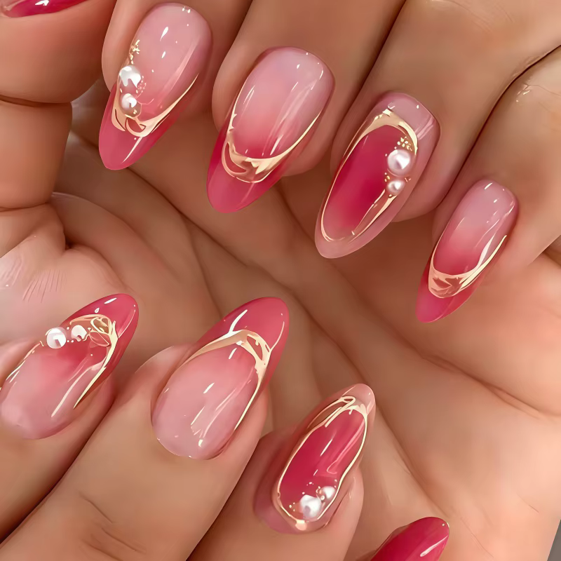 24 faux ongles de taille moyenne en forme d'amande, texturés, couleur rose nude dégradé, lignes méta