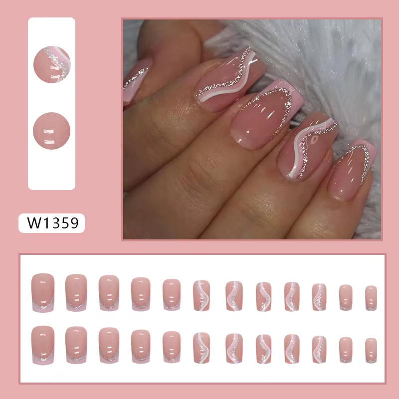 24 pièces rayures minimalistes françaises courtes avec 1 gelée et 1 lime à ongles doux Nail Art rose