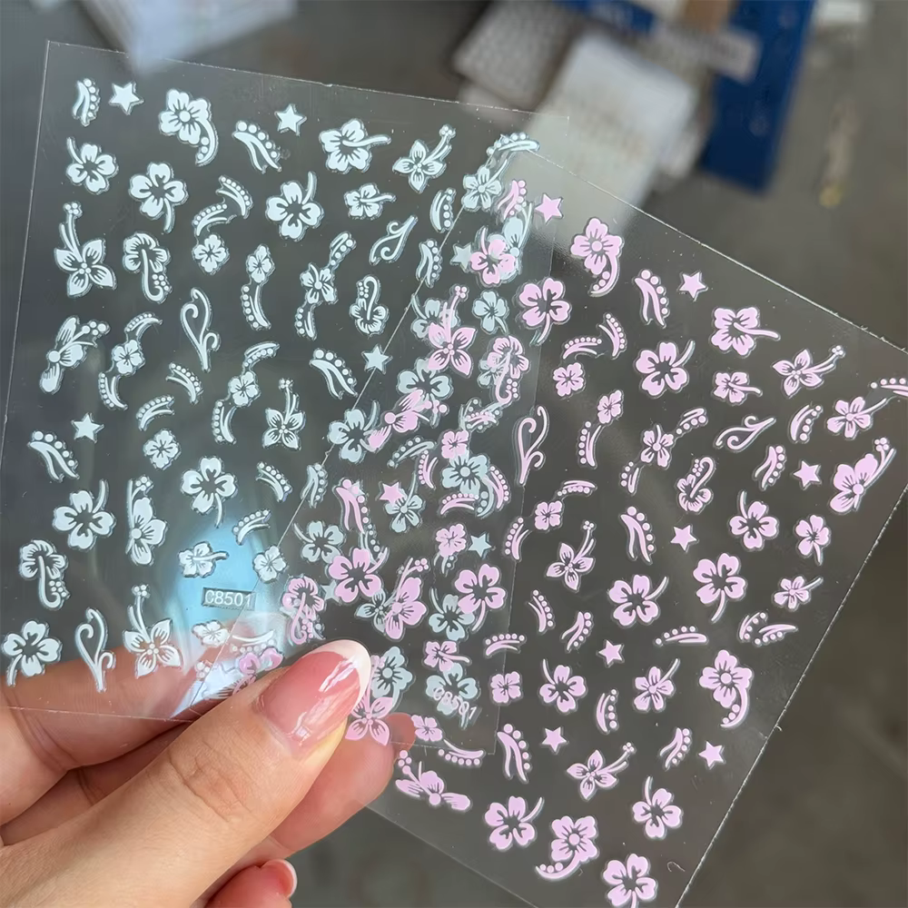 Autocollant pour ongles fleurs d'hibiscus 3D, 2 feuilles, rose et blanc, Y2k, auto-adhésif, fournitu