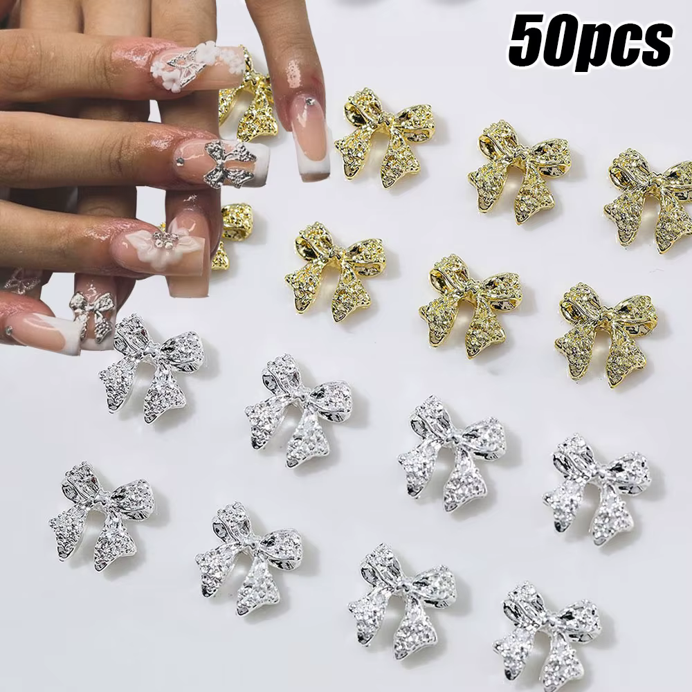 Breloques 3D en Métal Brcorporelle pour Ongles, 50 Pièces, 10.5x11mm, Alliage Or, Argent, Ruban, Nai