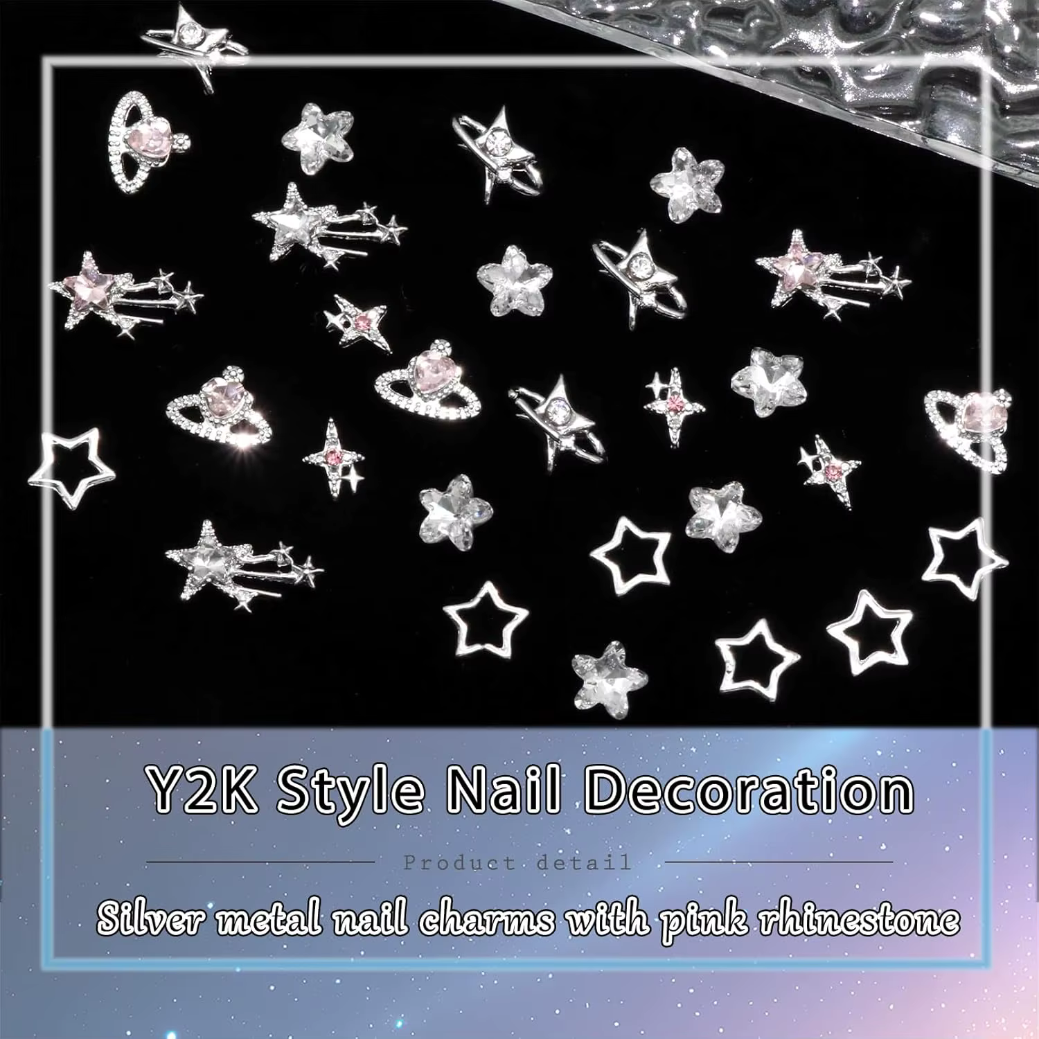 40 pièces étoile ongles breloques argent 3D étoile breloques rose ongles strass Multi Style Nail Art