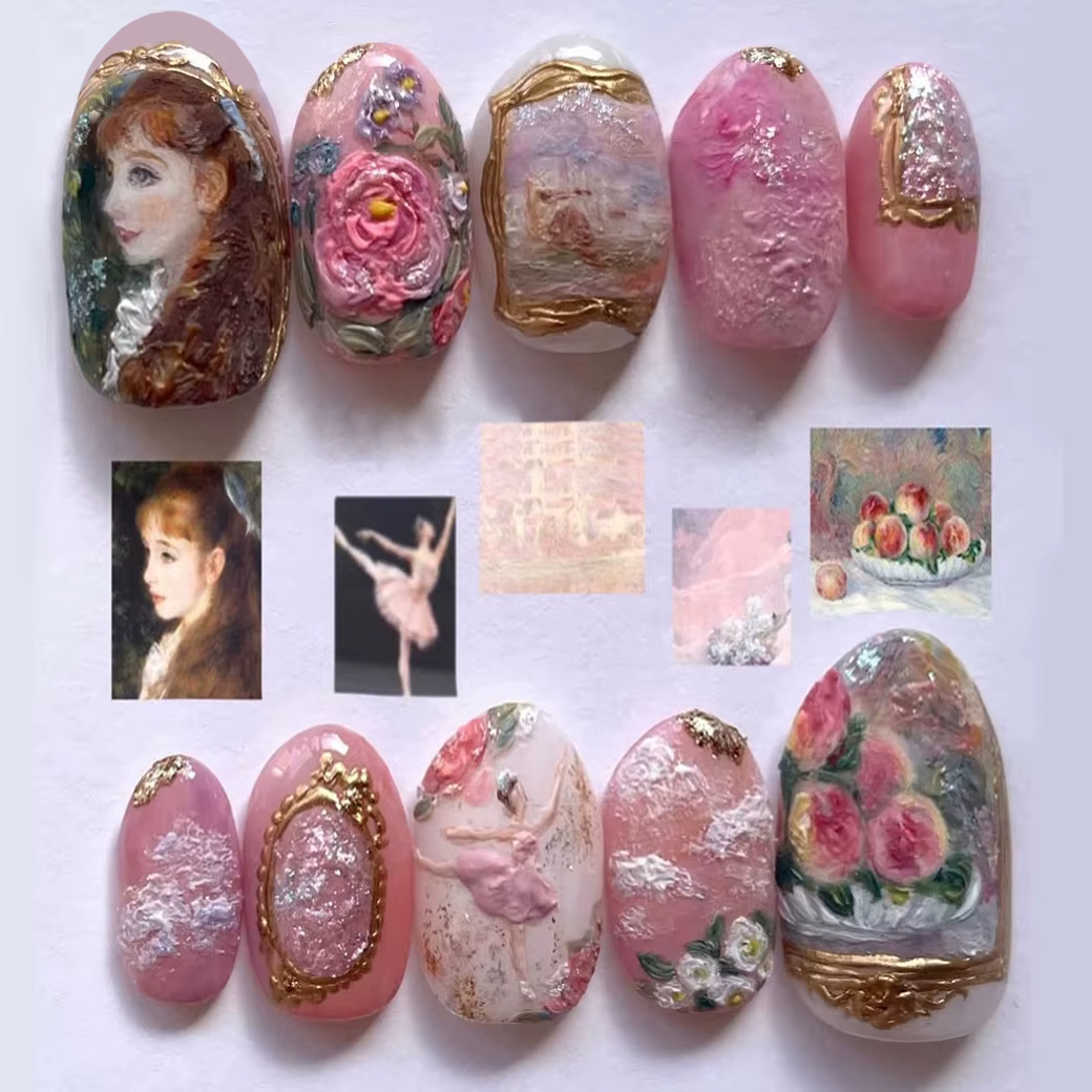 24 pièces série de peinture à l'huile européenne faux ongles doux Rose amande Rose fleur conceptions