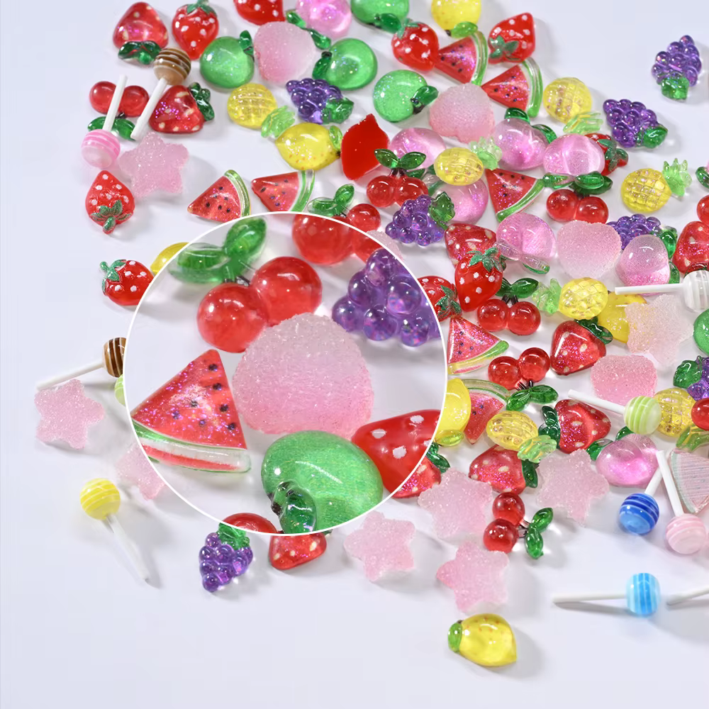 Breloques 3D pour ongles, mélange de Fruits, sucette, fleur, cerise, fraise, pastèque, décorations N