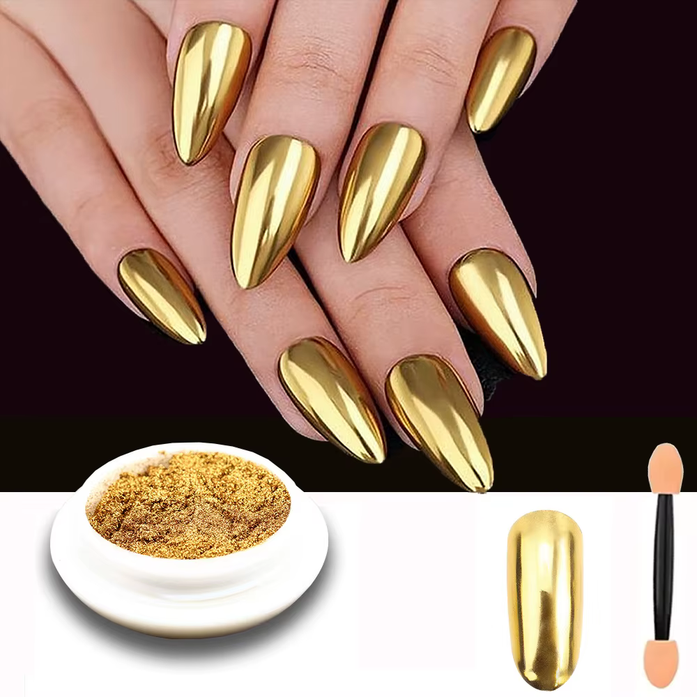 Poudre à ongles effet miroir chromé doré, holographique, métallique, champagne, doré, titane, poussi