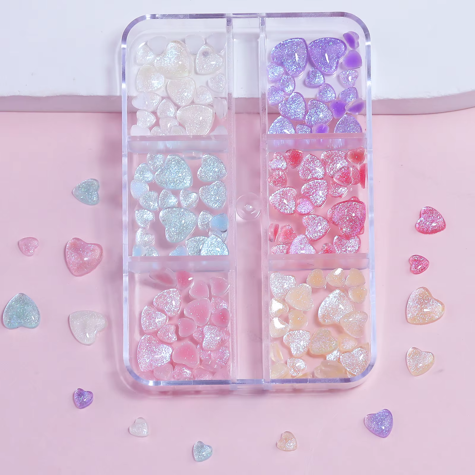 N64.Art-Boîte de pièces décoratives en forme de cœur transparent rose, fournitures Kawaii, ensembles