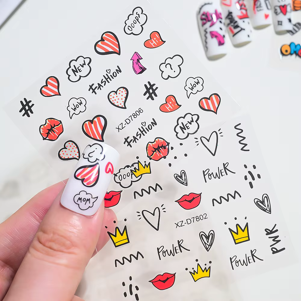 30 pièces/ensemble 3D dessin animé chat Nail Art autocollants noir Graffiti Animal arc étoile coeur 
