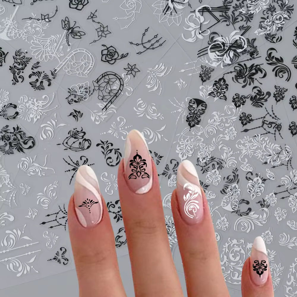 Autocollants 3D fleurs en dentelle noire et blanche pour Nail Art, étiquette auto-adhésive à ligne g