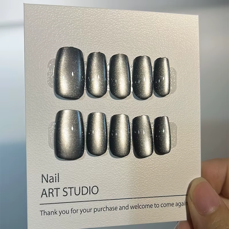 Presse sur les ongles cercueil de luxe faux ongles Art oeil de chat fait à la main acrylique françai