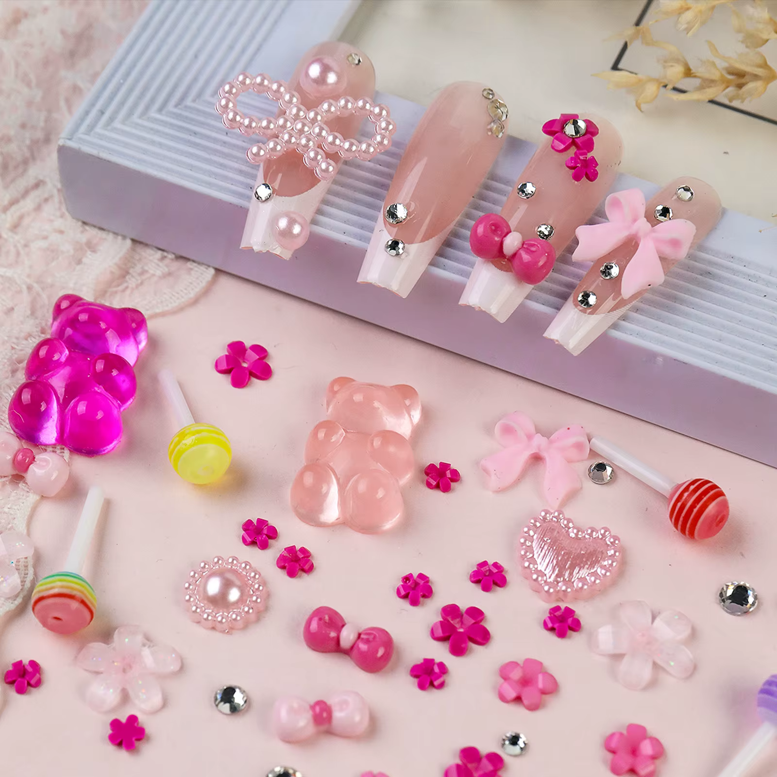 12 grilles/boîte 3D mixte nœud papillon perle coeur ongles breloques Flatback résine fleur, étoile,