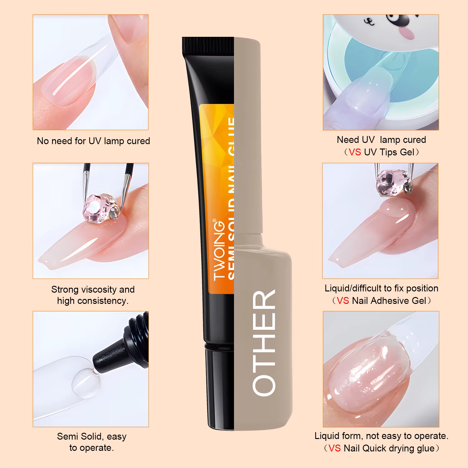 Colle pour ongles à séchage rapide, adhésif Semi-solide Super fort pour ongles à pression, strass, o