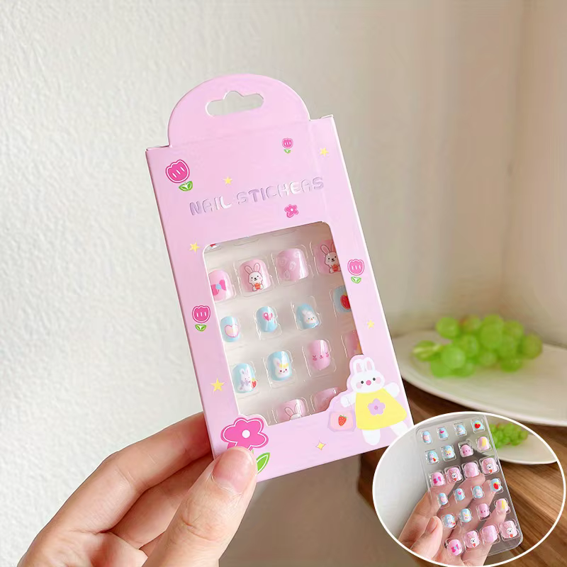 24 pièces/boîte enfants dessin animé ongles conseils coloré mignon fille faux ongles ensemble avec g