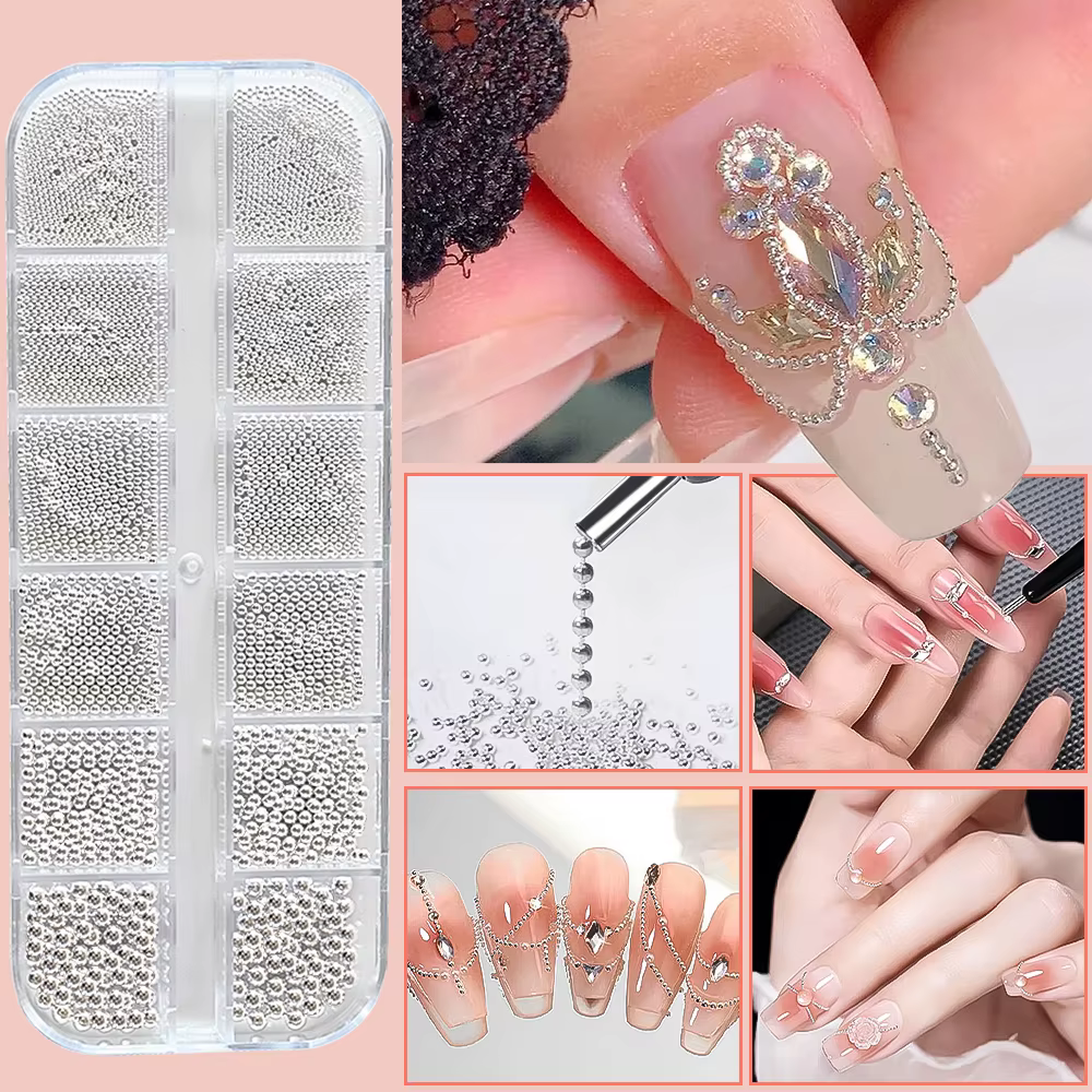 Mini perles de Caviar à 12 grilles, décorations pour Nail Art, Micro boule en métal or/argent, brelo