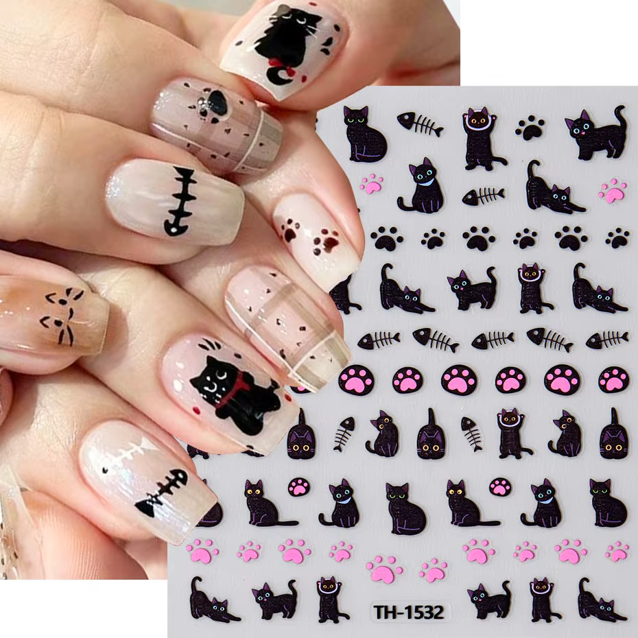 Autocollant pour ongles motif chat noir Kawaii, décalcomanies à faire soi-même, motif griffe rose, j