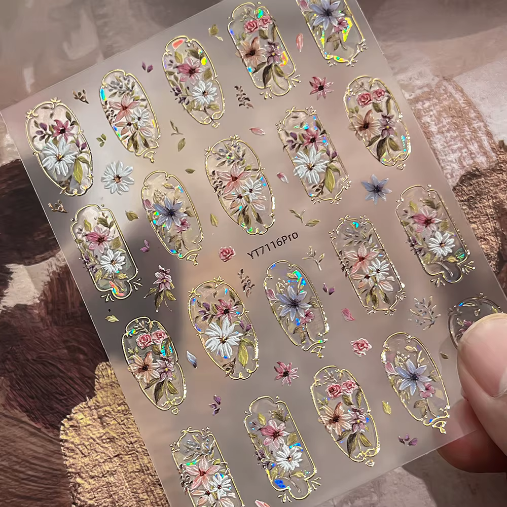 Autocollants pour ongles floraux bohèmes rétro en relief 5D à bordure dorée pour un nail art épousto