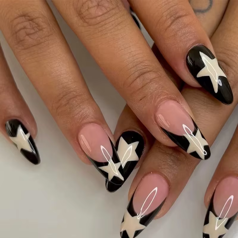 24 pièces de longs ongles français Black Edge Star avec 1 gel de gelée et 1 lime à ongles