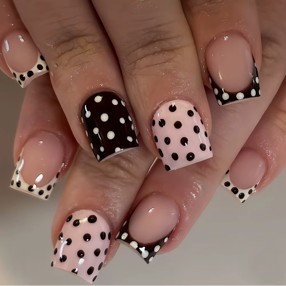 24 faux ongles courts carrés à pois, design français, à presser, doux, brillants, élégants, pour nai
