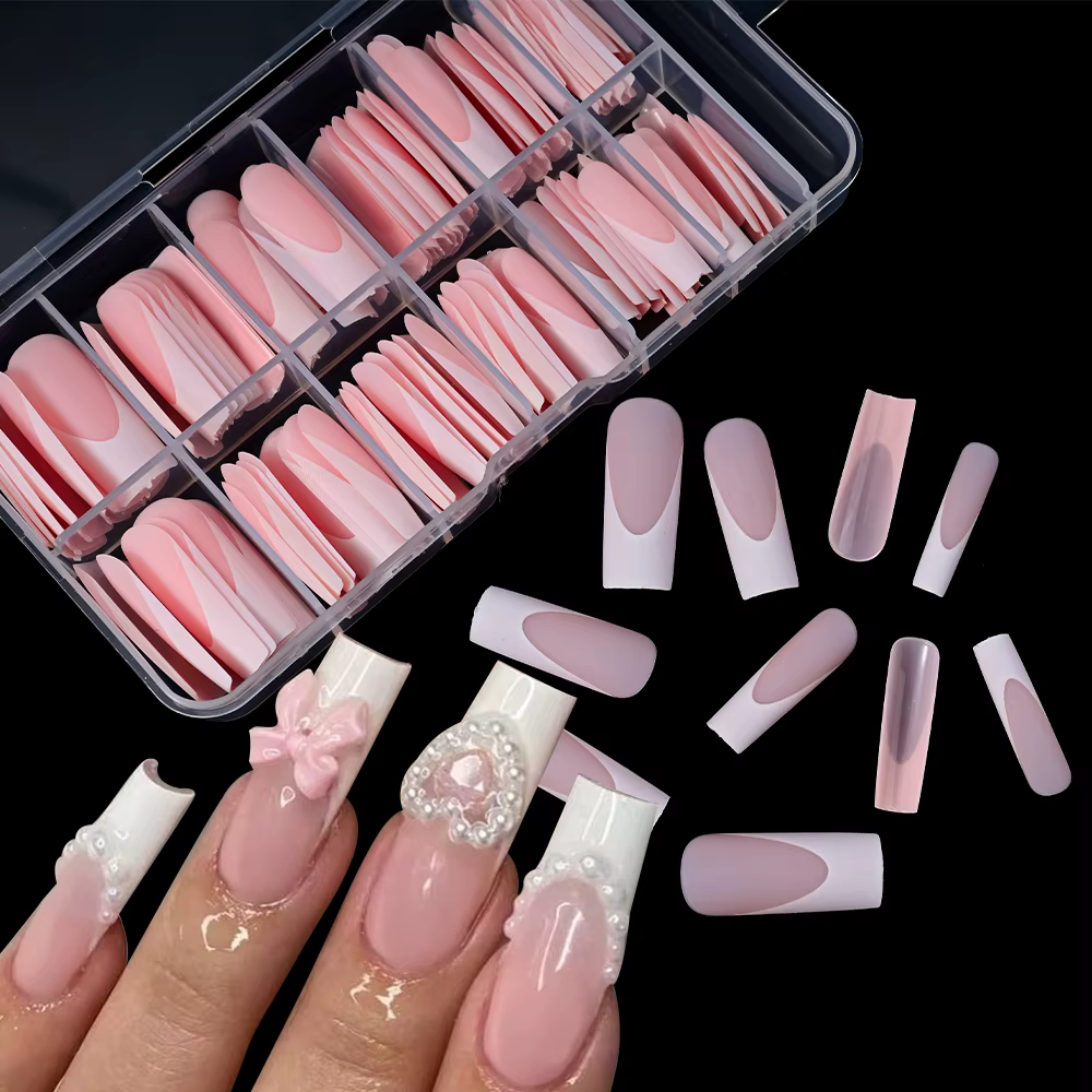 Faux ongles carrés extra longs pour extension d'ongles, couverture complète, gel souple, rose nude, 