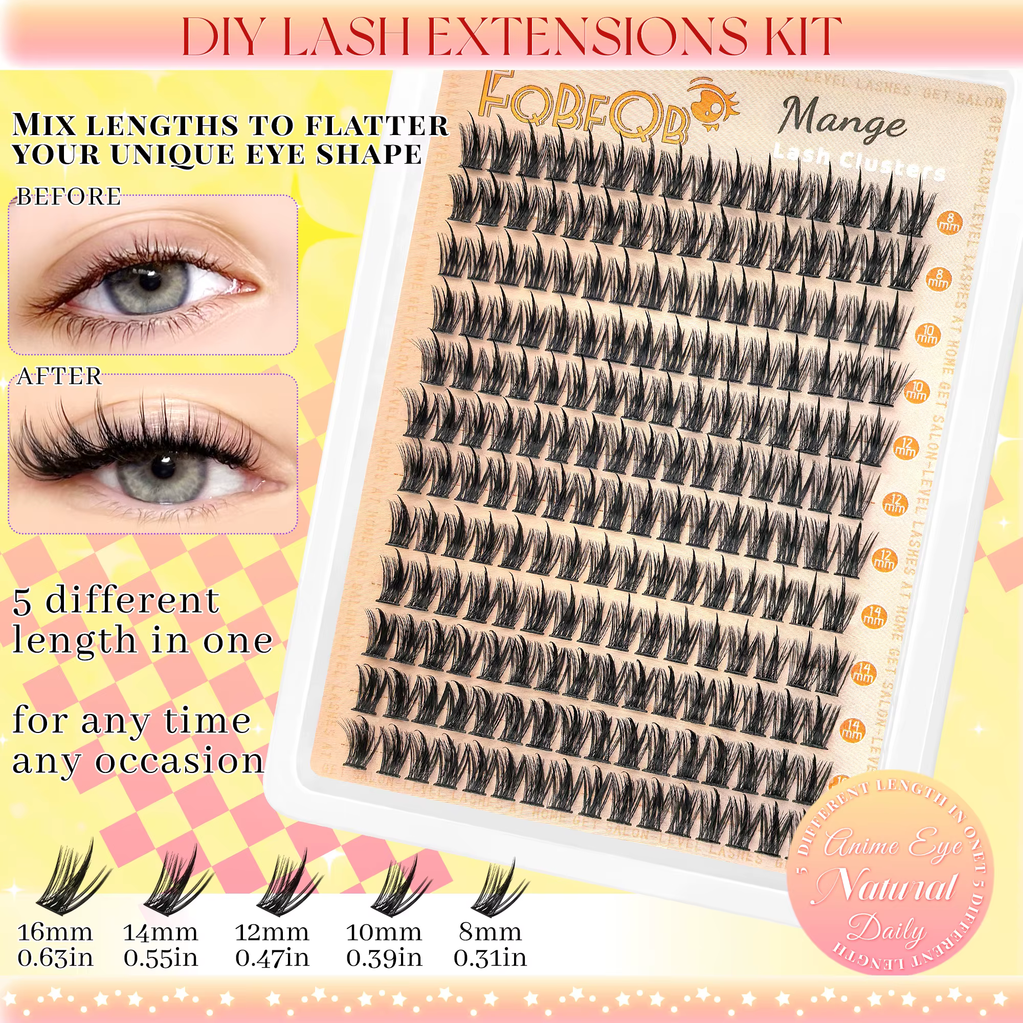 FQB – Kit de grappes de cils Manga, avec liaison et joint de cils, Extensions de cils, plateau mixte