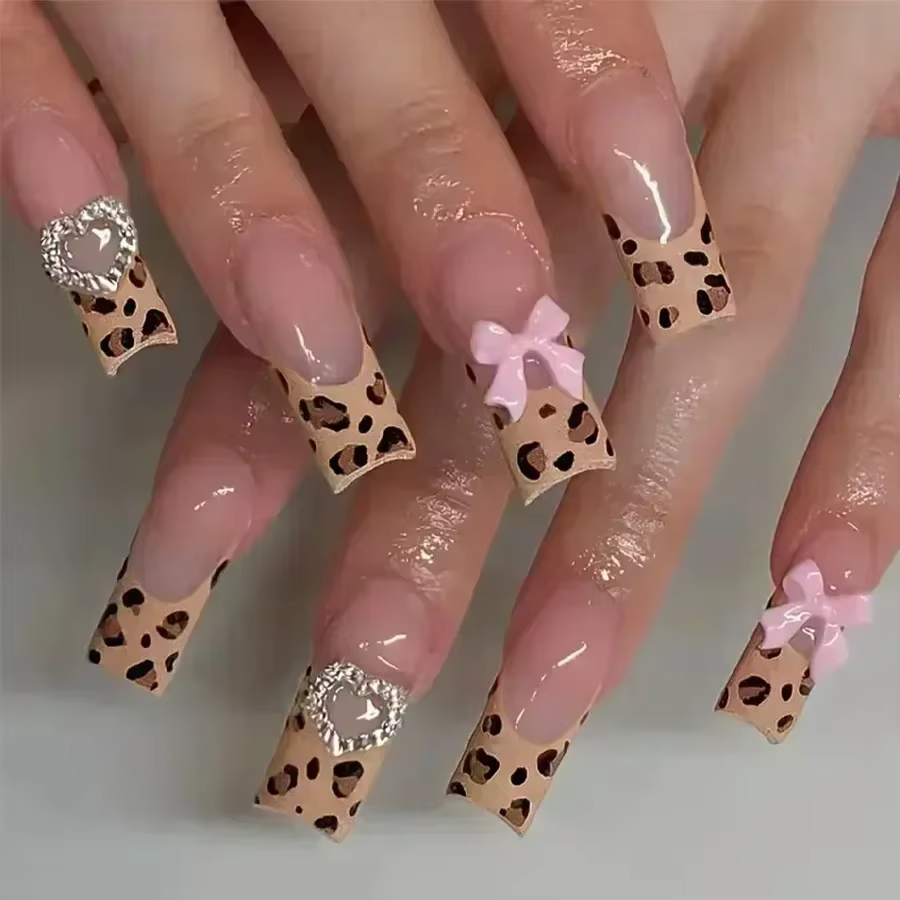 Faux ongles français à motif zèbre rose, à pression, en forme de cercueil, carrés moyens, Y2k, couve
