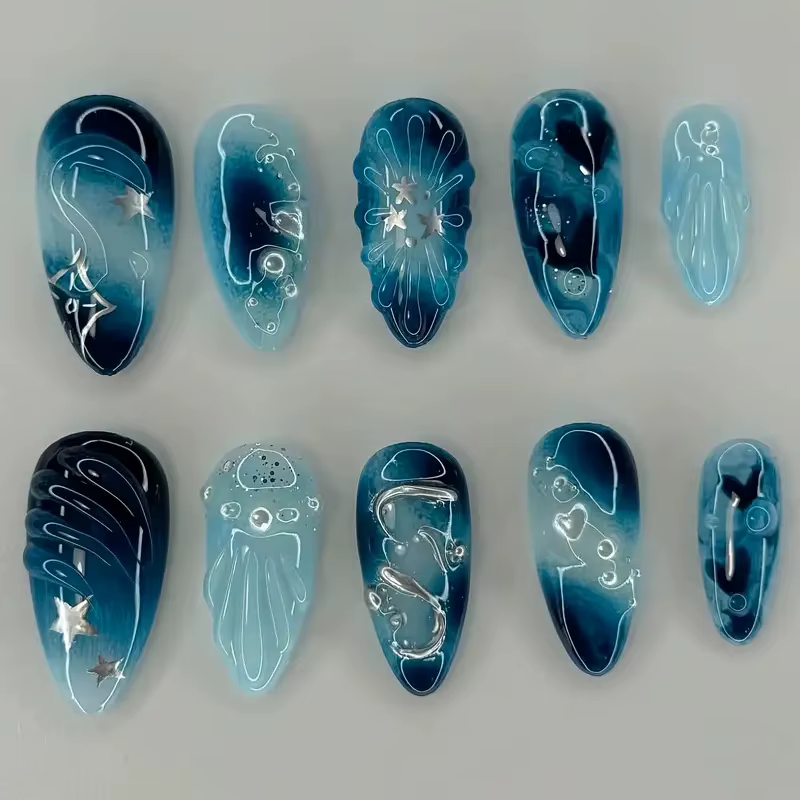 10 pièces à la main faux ongles Art océan coquillage Design bleu mi-long ovale faux ongles conseils