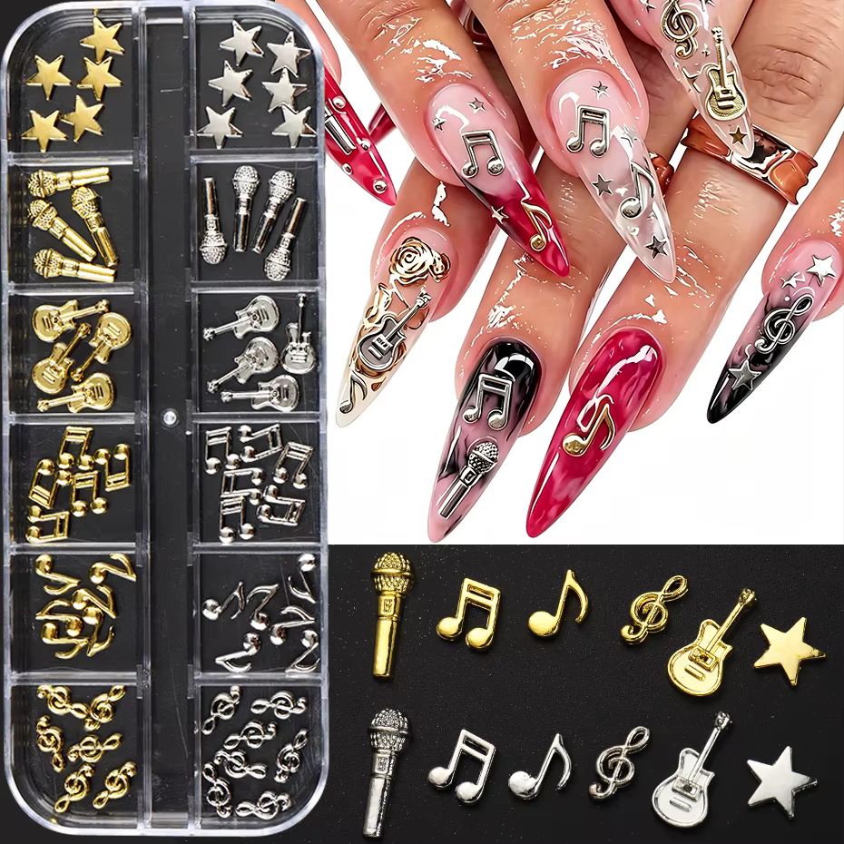 12 compartiments de breloques pour nail art en métal doré et argenté, motifs instruments (Notes, Gui