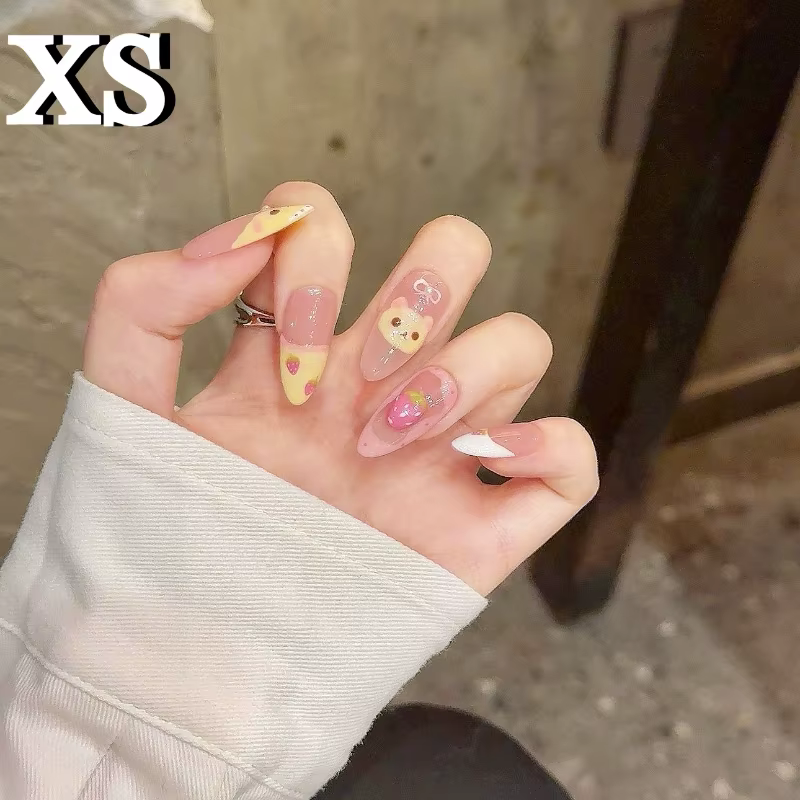 Faux ongles à pression en forme d'amande, avec ours aux fraises roses, en acrylique, couverture comp