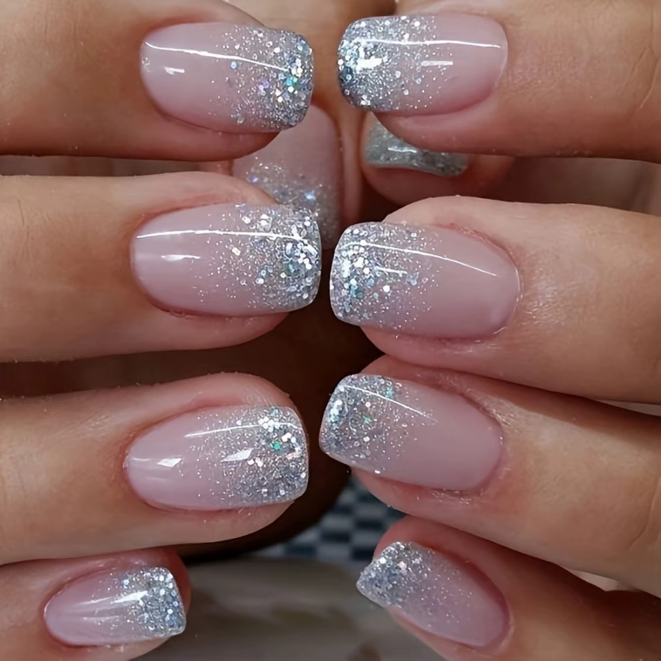 24 pièces rose paillettes français press-on ongles courts amande faux ongles paillettes couverture c
