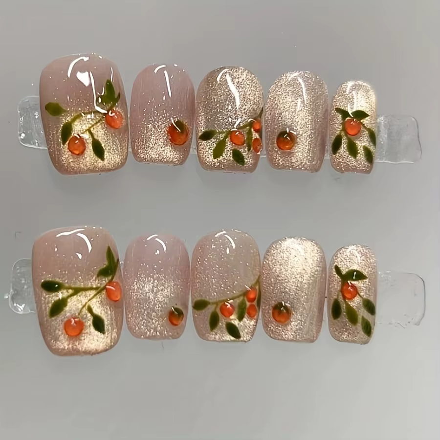 Nail art carré court pressé à la main, beaux faux ongles, nail art kaki à paillettes orange, adapté 