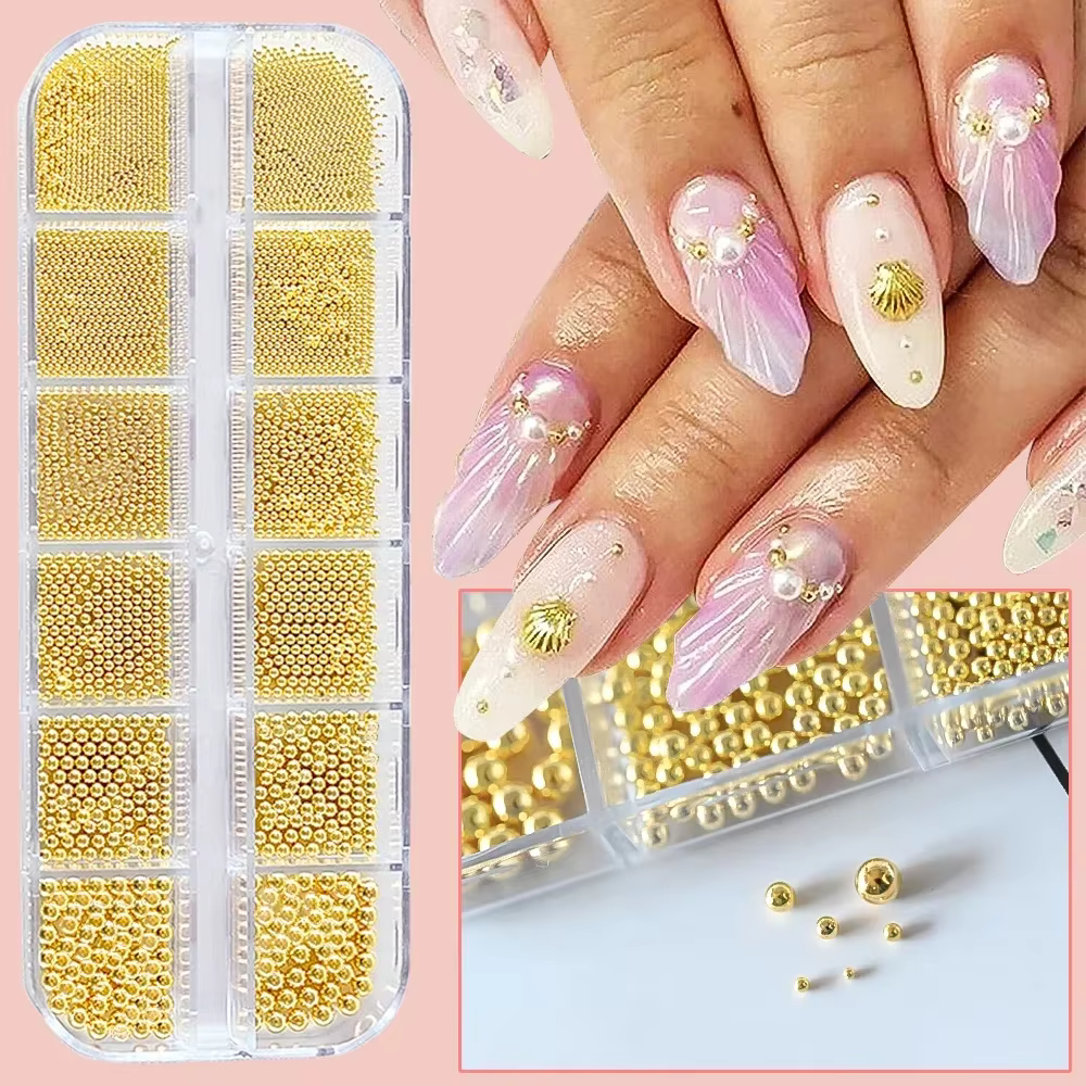 Mini perles de Caviar à 12 grilles, décorations pour Nail Art, Micro boule en métal or/argent, brelo