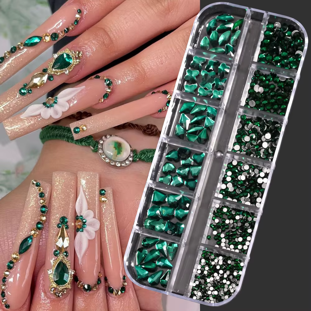 Strass pour Nail Art, 12 grilles, vert, bleu, tailles mixtes, cristal, dos plat, breloques pour ongl