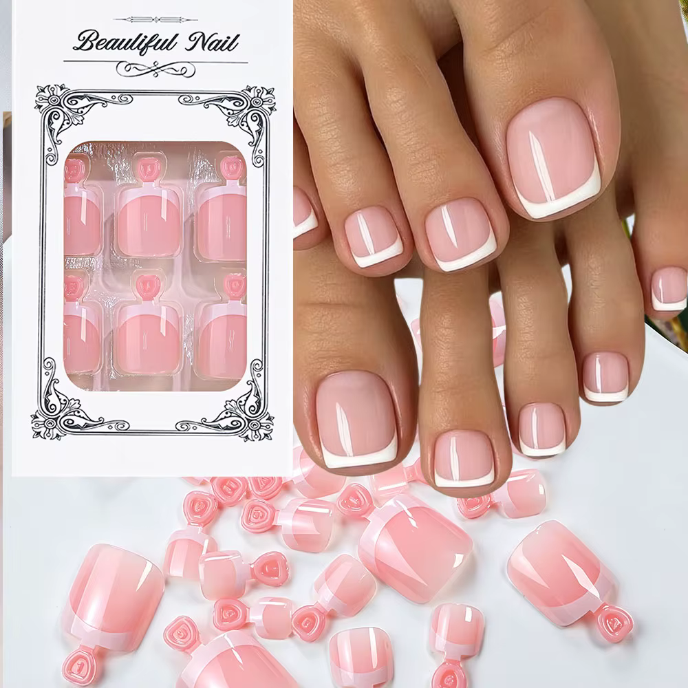 24 pièces/boîte Faux ongles de pieds roses brillants à presser, courts carrés, à couverture complète