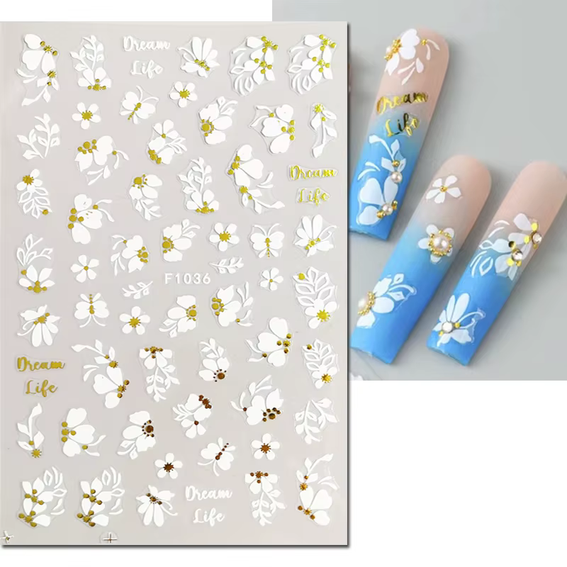 3d Nail Art lignes dorées feuilles d'or fleurs blanches adhésif curseurs ongles autocollants accesso