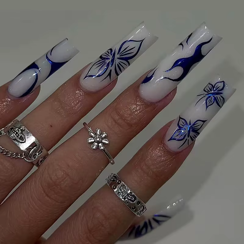 24 pièces papillon bâton sur ongles ensembles paillettes bleu Long cercueil faux ongles Art Simple f