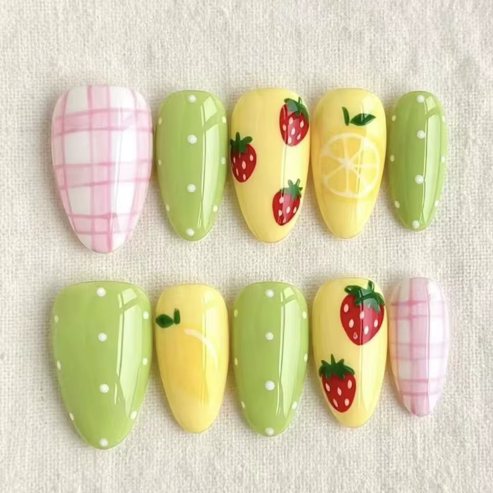 Faux ongles à presser motif fruits fraise-citron, lot de 10 pièces en jaune doux + vert citron + bla