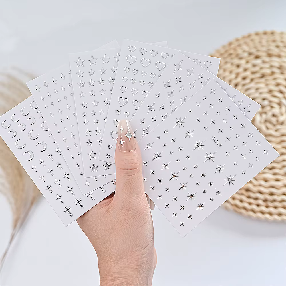 Autocollants pour ongles en métal argenté, 6 feuilles, étoiles métalliques 3D, autocollants pour Nai
