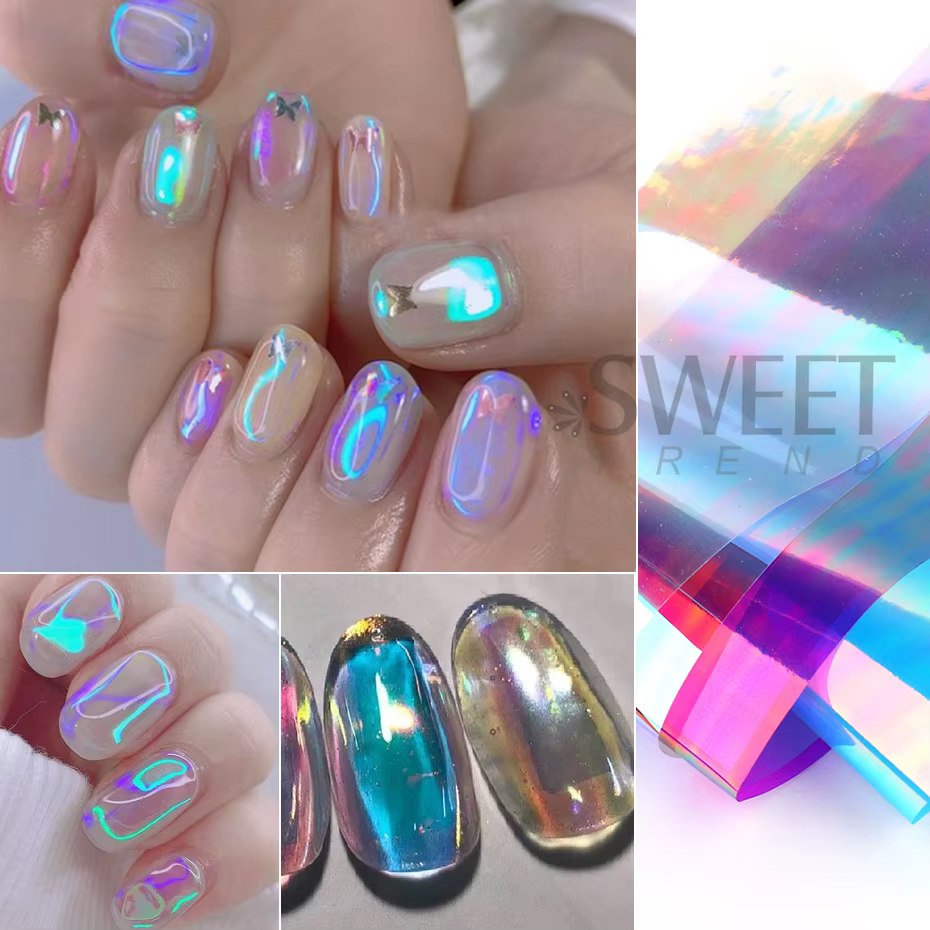Film holographique Aurora pour ongles, feuilles de verre scintillantes, papier de transfert de glaço
