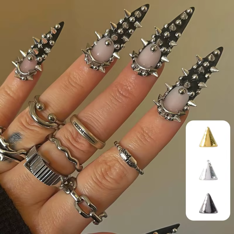 Rivets pour ongles Punk, 6 grilles, pointes, goujons métalliques, cône rond or/argent/noir, breloque