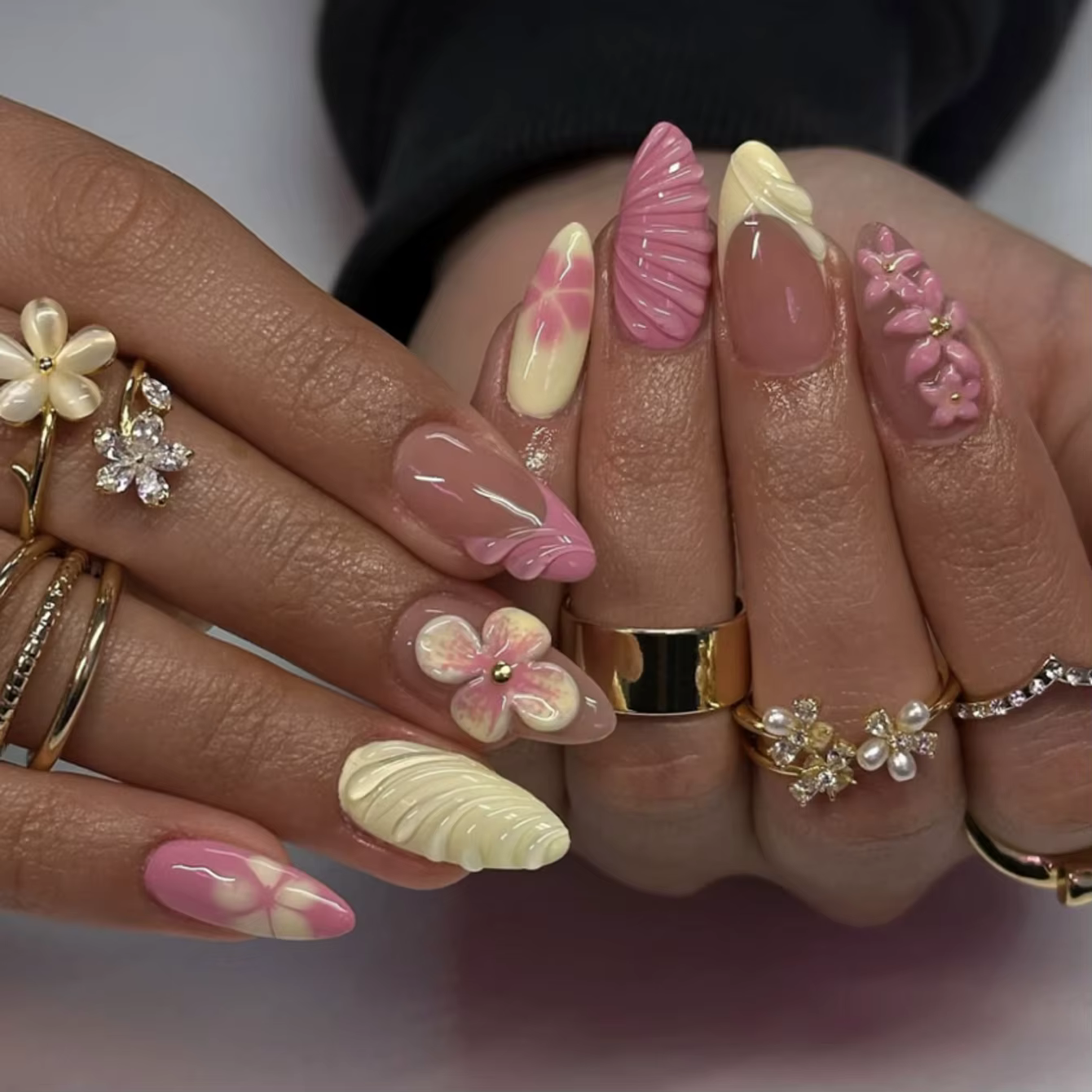 Ongles en amande 10 pièces, conception d'ongles 3D de longueur moyenne, ongles pointus français, acr