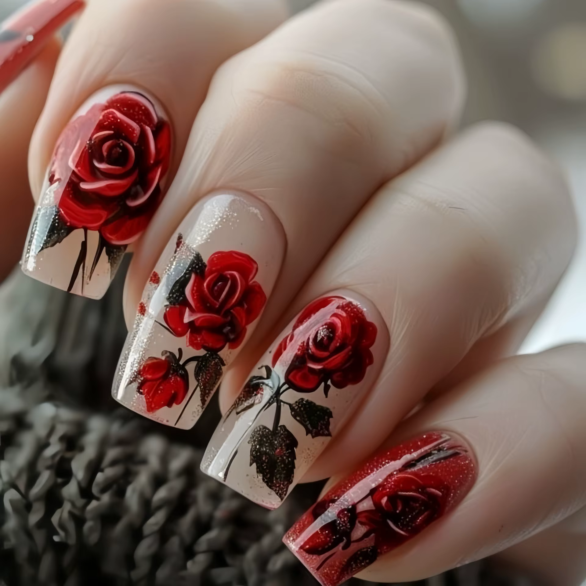 Faux ongles moyens pour femmes et filles, fleurs de roses rouges pour la saint-valentin, couverture 