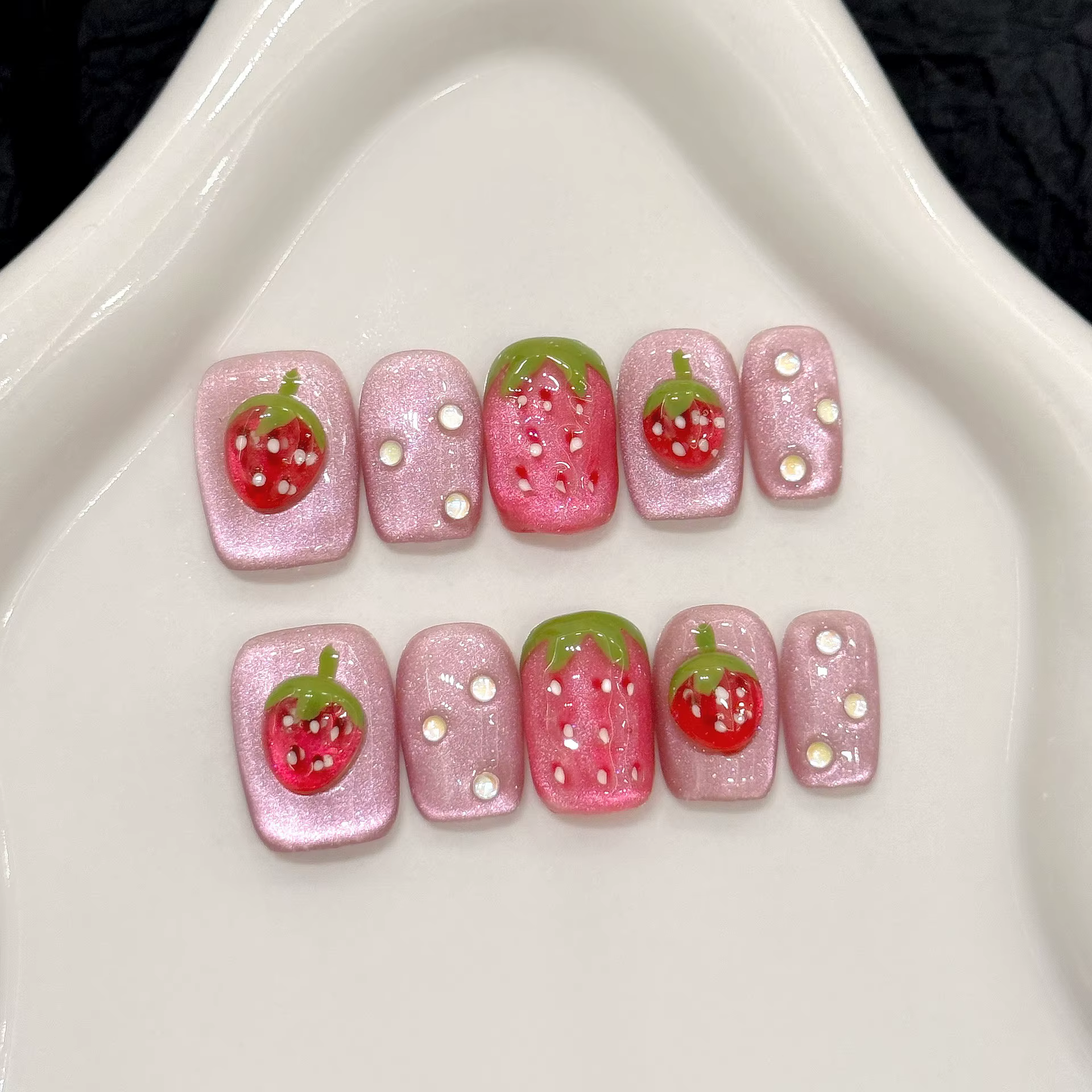 10 pièces mignon rouge fraise presse sur ongles rose nœuds papillon fleur perle décor français à la