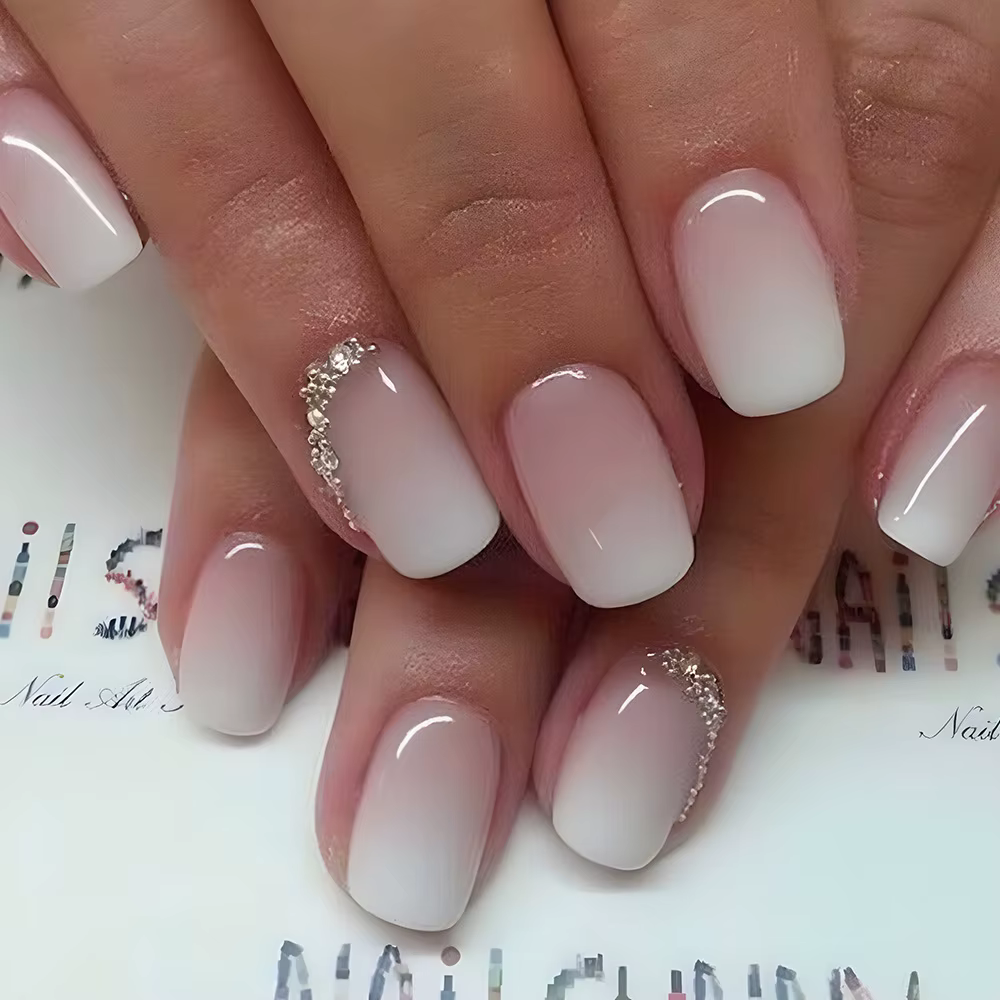 Faux ongles à tête carrée Simple, avec colle gelée, dégradé rose et blanc, presse française sur faux