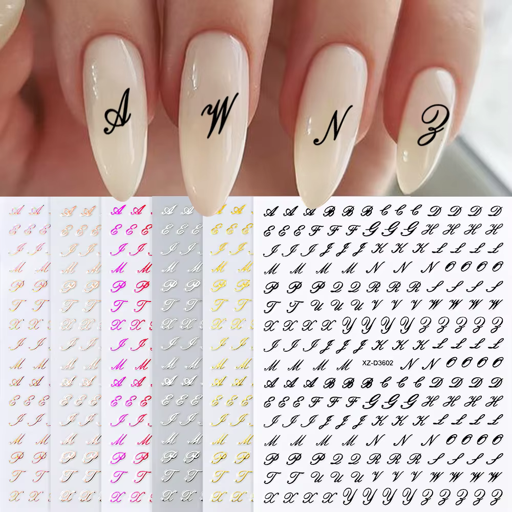 Autocollants pour ongles avec lettres romaines 3D, 1 pièce, or/argent/noir/Laser Alphabet, décalcoma