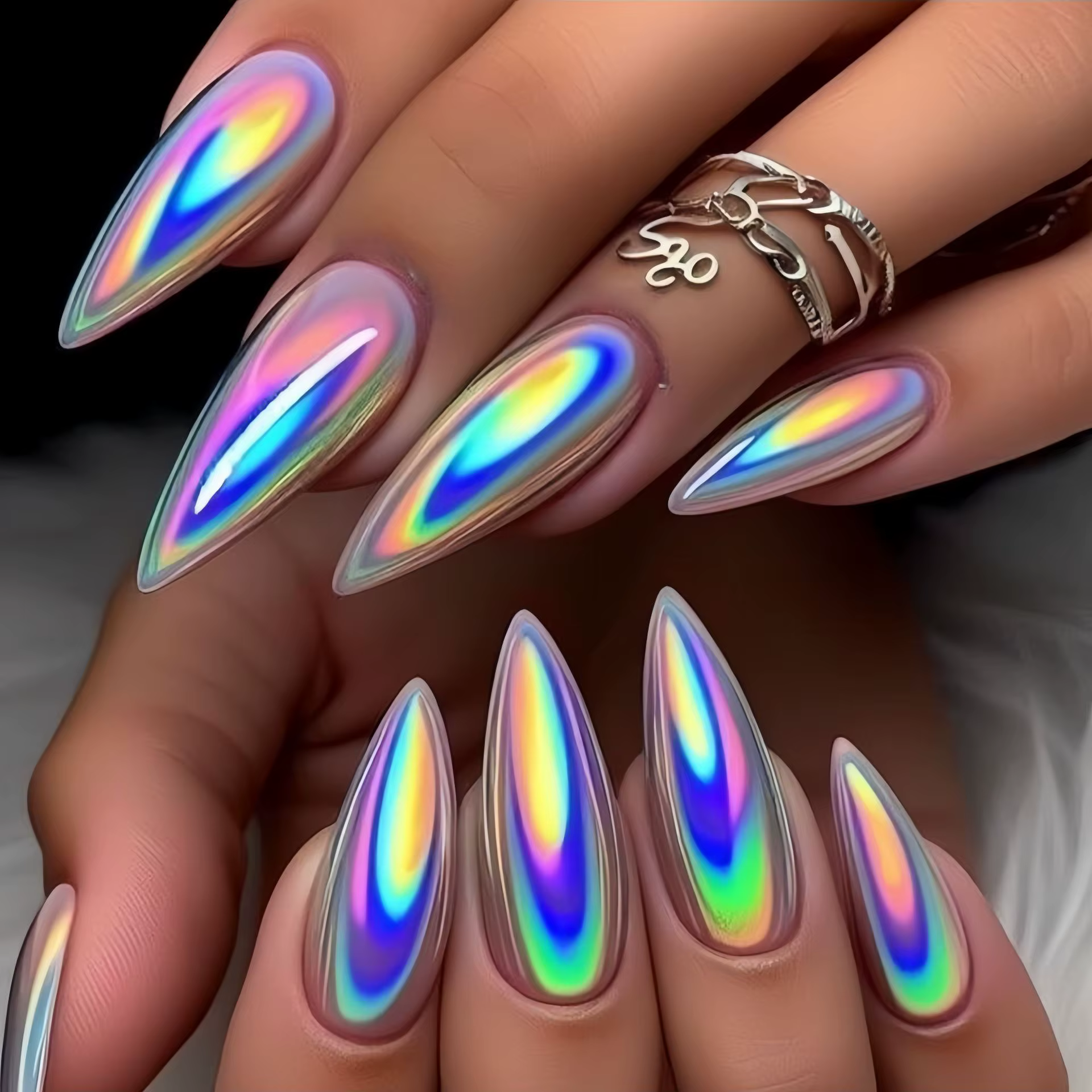24 pièces/ensemble faux ongles plaqués holographiques pour femmes filles longue goutte d'eau violet