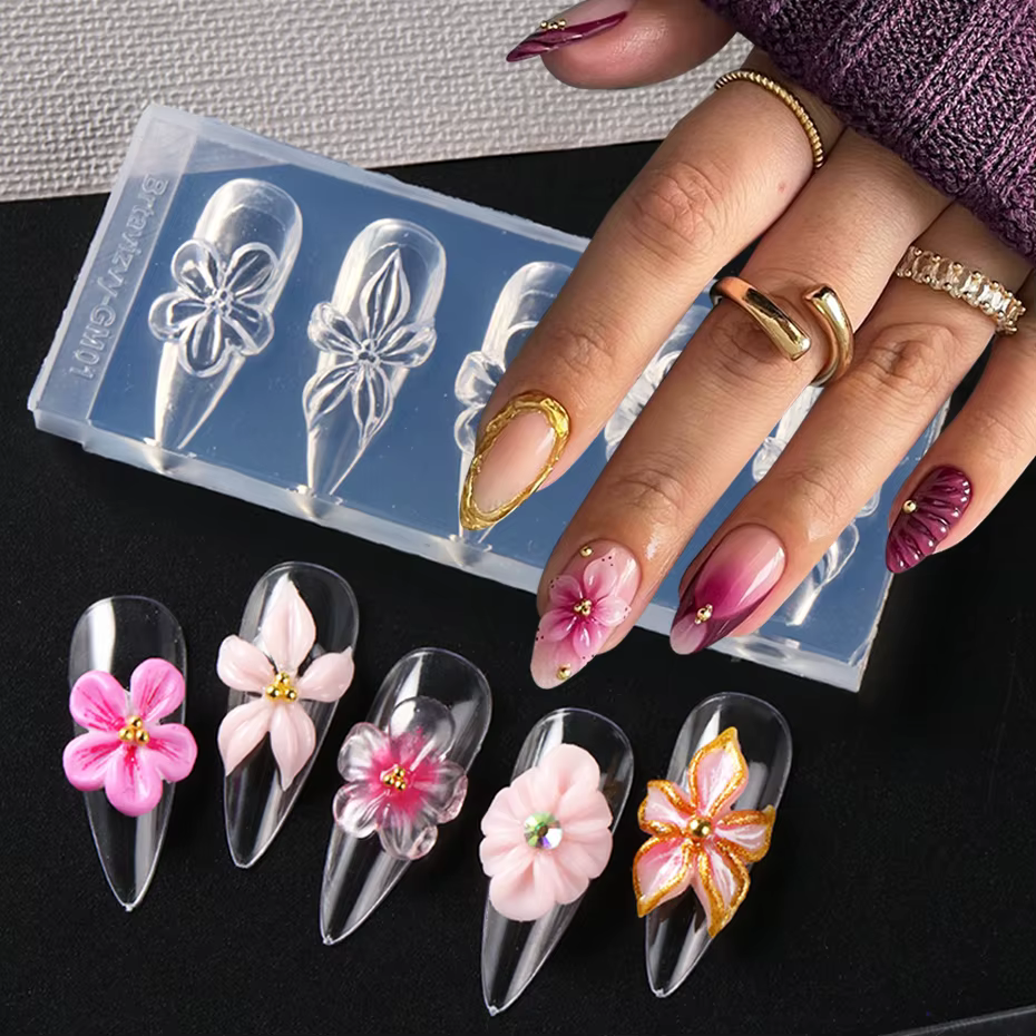 1 pièce Moule en silicone 3D pour ongles, motif fleur de printemps (Lys, Hibiscus), pour la sculptur