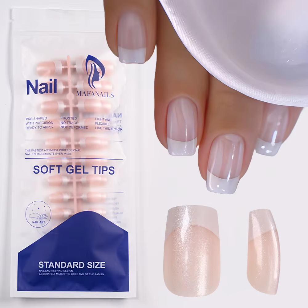Faux ongles français nacrés brillants, 12 tailles, carrés courts, à pression, simples Ins, couvertur