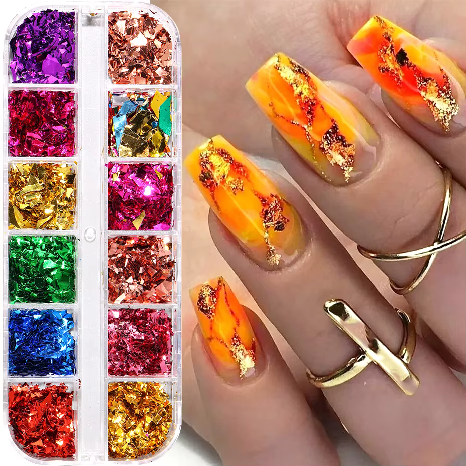12 grilles or paillettes Nail Art flocons paillettes or Rose irrégulière holographique étincelles fe