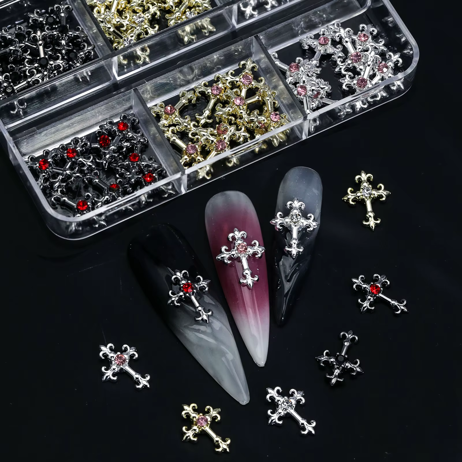 Strass en alliage rétro intégrés en zircon pour nail art, croix 3d Y2K, style gothique punk en métal