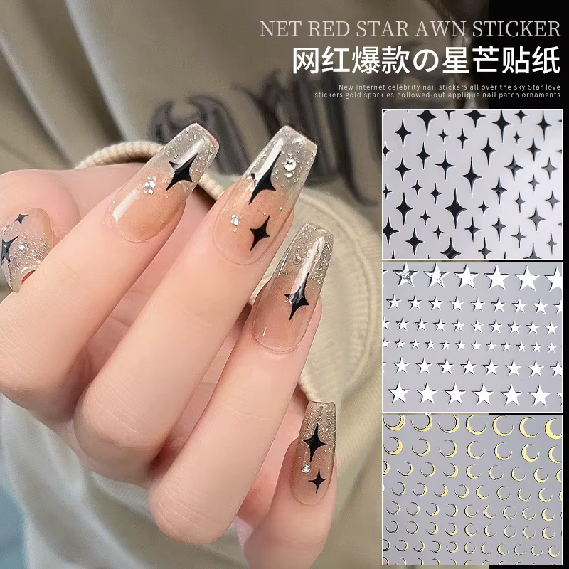 Autocollants 3D étoile or argent pour Nail Art, décalcomanies croissant de lune noir et blanc, autoc